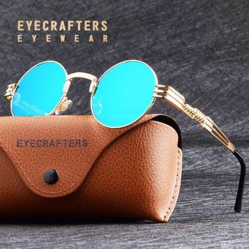 Gold Blue Fashion Round Sunglasses Steampunk Sunglasses Mens Womens Metal Frame Retro Vintage Coating Mirrored Eyewear Shades