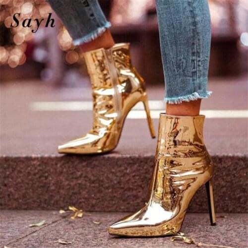 Winter New Woman Gold Silver Pointed Stiletto Side Zipper Ankle Boots Fashion Boots Martin Boots Runway Roma Shiny Bling Shoes