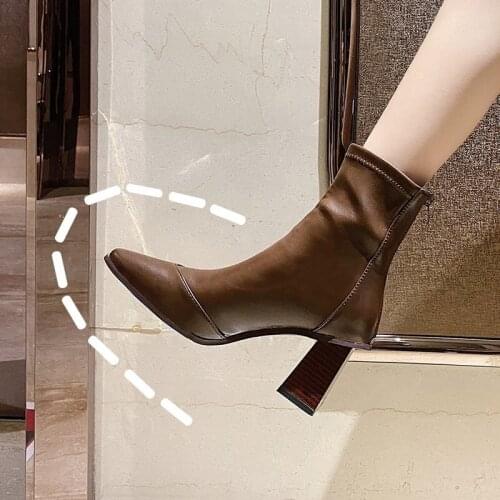 Leather Boots Women Shoes High Heel Pointed Toe Shoes Women Sexy Block Heels Ankle Boots Female Women Shoes Heels Fashion New