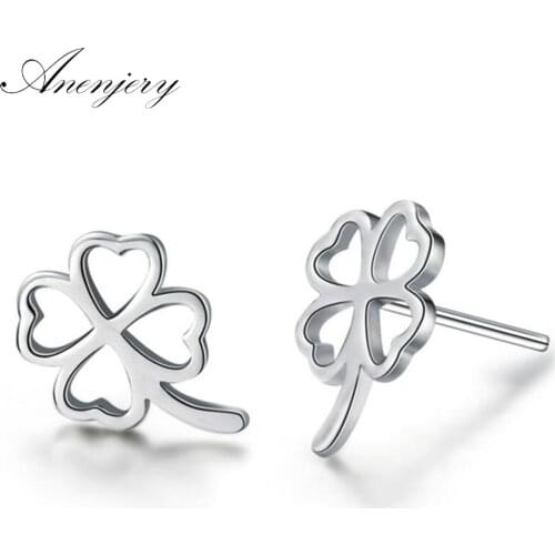 ANENJERY 925 Sterling Silver Hollow Clover Stud Earrings boucle d'oreilleboucle d'oreille For Women S-E56