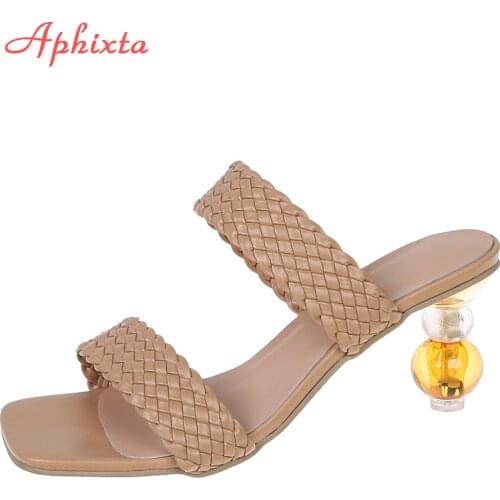 Aphixta 7.5cm Gourd Shaped Transparent Heels Slides Women Rope Weave Peep Toe Women Outside Sippers Shoes Mujer Elegant Shoes