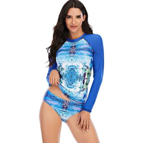 Newest Womens Sun-proof Swimsuit Long Sleeve Printed Tight T-shirt Tops with Solid Color Triangle Bottoms 2Pcs Surf Wear