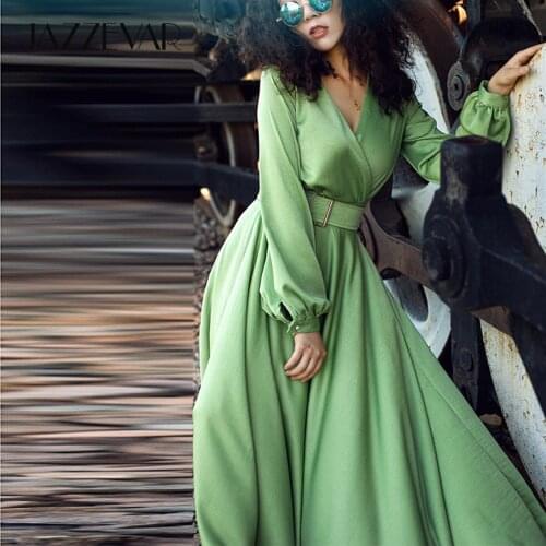 JAZZEVAR 2021 Summer New High Fashion Womens Avocado Green X-Long Dress Elegant Female long sleeves Chic Socialite Maxi Dresses