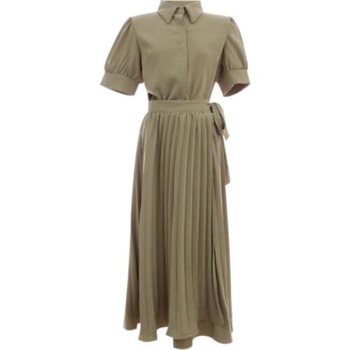 2021 New Korean Autumn Bubble Sleeve Office High Waist Pleated Slim High Quality MIDI Dress Two Suit Fashion Temperament Drss