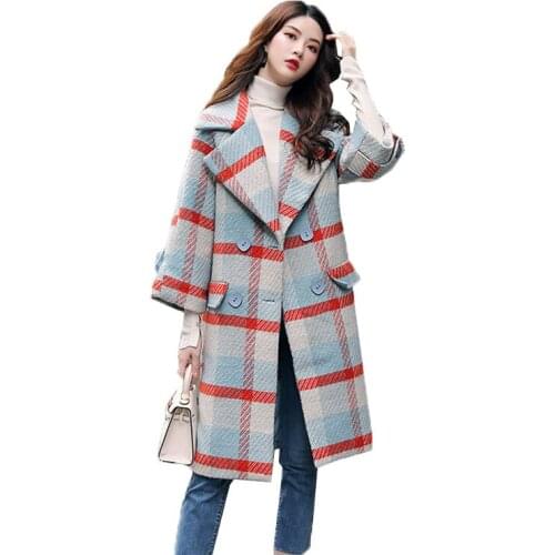 Woolen Coat Womens Mid-length 2021 New Autumn Winter Fashion Woolen Windbreaker Female Long sleeve Loose grid Wool Outerwear