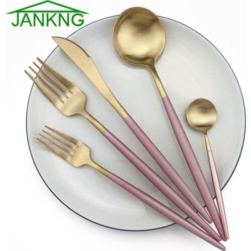 4/5/6Pcs Pink Golden 18/10 Stainless Steel Steak Knives Fork Matte Dinnerware Set Forks Teaspoon Gold Tableware Cutlery Set