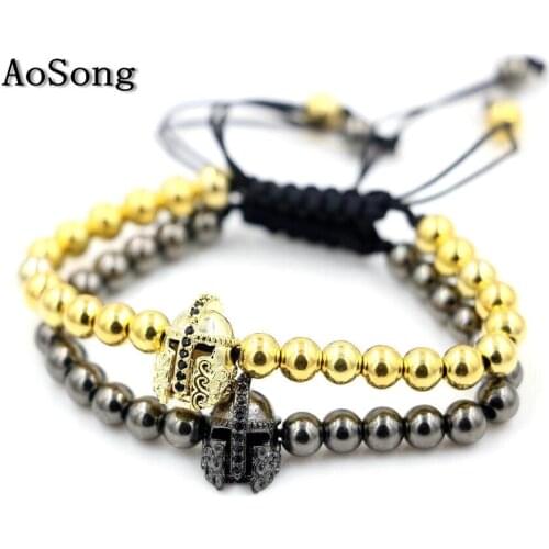 BPPCCR Anil Arjandas Men Knight Helmet Bracelet , Gold color Beads Micro Pave Briading Macrame Bracelet Pulseira Feminina