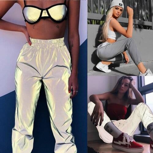 2019 Fashion Women High Waist Fitness Sports Pants Grey Pants Streetwear Cargo Glowing Hip Hop Pants Loose Women Trousers