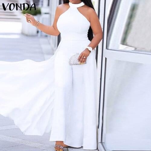 VONDA Women Jumpsuits Sexy Sleeveless Halter Neck Wide Leg Long Palazzo Pants Ladies Solid Pantalon Femme Plus Size Overalls