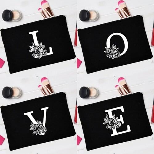 Fashion 26 Letters Black Cosmetic Bag Causal Lovely Makeup Pouch Canvas Eco Beauty Bag Organizer Bride Wedding Gift Handbags