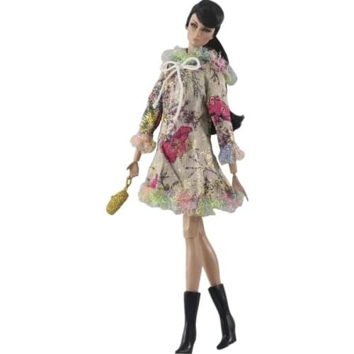 Fashion Floral Winter Hoodies Jacket for Barbie Doll Clothes Handbag Warm Coat Dress 1/6 BJD Dolls Accessories Kid Toy Girl Gift