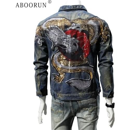 ABOORUN Mens Punk Rivets Denim Jackets Dragon Embroidery Denim Jackets Hi Street Streetwear Coat for Male