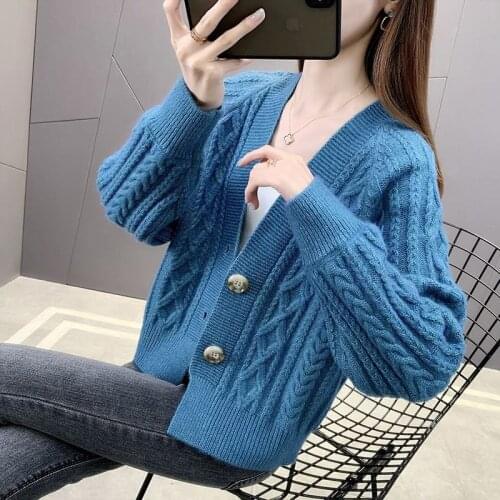 Pure Color Short Knitted Cardigan Korean Ladies Sweater Loose Outer Wear New Autumn And Winter Jacket Top Casual Twist Coat M402