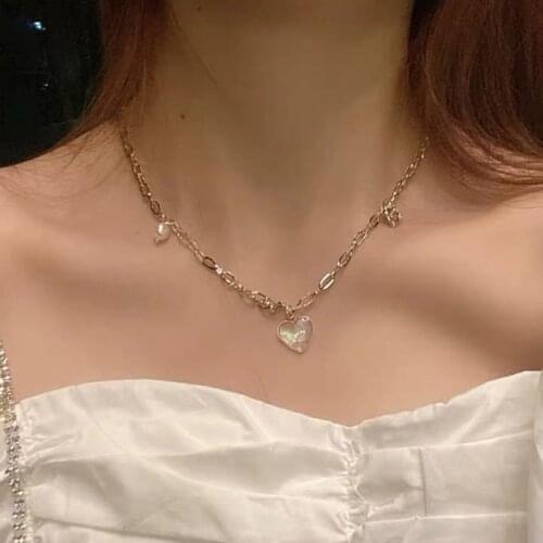 Huge Bud Fashion Natural Pearl Heart Pendant Necklace Shell Metal Fashion Jewelry ожерелье Stylish Chain Choker Necklace Gifts