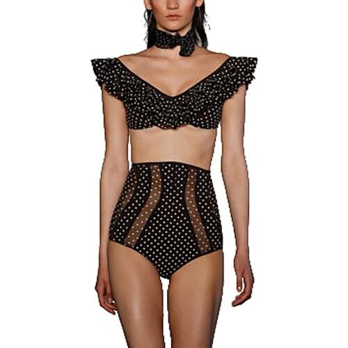 Sexy Ruffle Polka Dot Bikinis Women Push Up Swimwear Mesh Splicing Swimsuit High Waist Bikini Beachwear Two Piece Bathing Suit