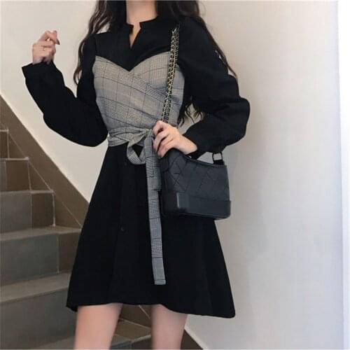Long Sleeve Dress Women Fake Two Pieces Lace Up Elegant Leisure Simple Patchwork Ladies Vintage A Line Mini Dress Casual Dress