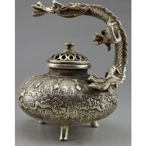 Coated China Silver carvings a auspicious lifelike dragon Wealth statue teapot Garden Decoration 100% real Tibetan Silver Brass