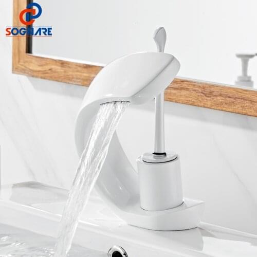 SOGANRE Waterfall Bathroom Faucet Brass Hot and Cold Water Faucet White Basin Faucet Single Handle Water Mixer Tap torneiras