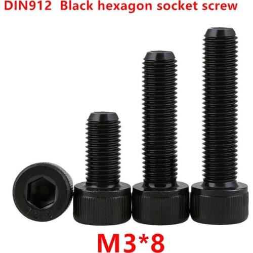 500pcs DIN912 M3*8 Black grade 12.9 Alloy Steel Thread 3mm Hexagon Socket Hex Head Cap Screw Screws Cylinder Allen Bolts