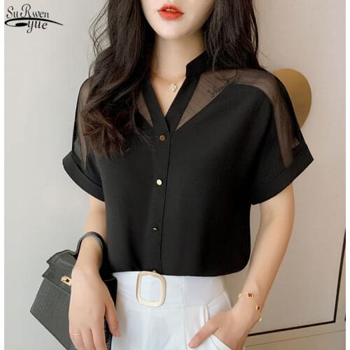 2021 Summer Women Shirts Pullover Chiffon Short-Sleeved Women Tops Solid Color Mesh V-neck Women Clothing camisas mujer new