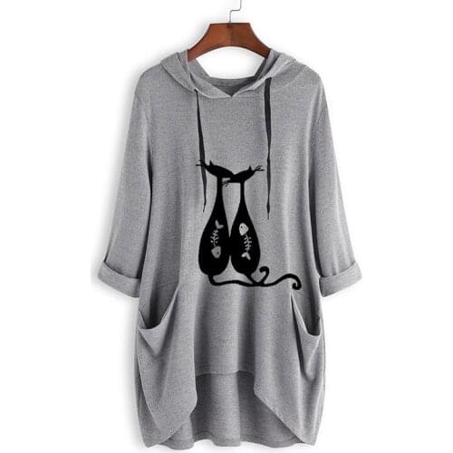 Hoodies Womens Sweatshirt Kawaii Cat Fish Bone Print Hooded Spring Pullover Tops Irregular Plus Size sudadera mujer moletom 2021
