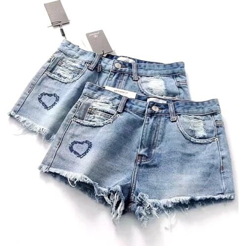 Women embroidery High Waist Denim Shorts hole ripped hem burrs Shorts Summer light blue Jeans Shorts girl hot short
