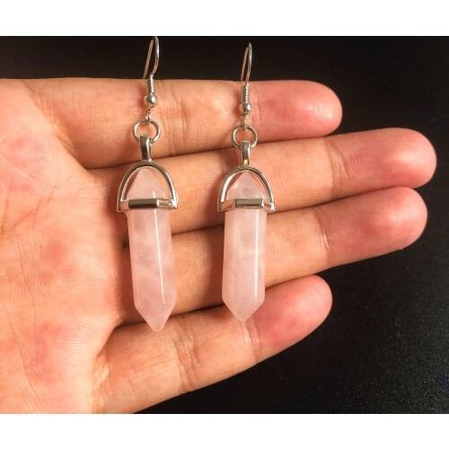 2021 Trend Hot Sale Hexagonal Column Pink Crystal Natural Stone Pendants Earrings Womens Fashion Jewelry aretes Wifes Gift