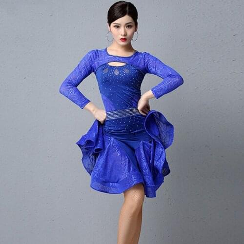 Latin Dance Dress For Women Adult Long Sleeve Diamond Lace Practice Dress Tango Samba Salsa Performance Stage Costume DQL3037