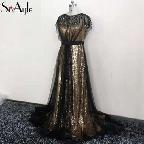 SoAyle Prom Dresses 2018 Sequin Gold Long Evening Dresses Haute Couture Gorgeous Fashion Plus Size Formal Gowns Vestidos Longo