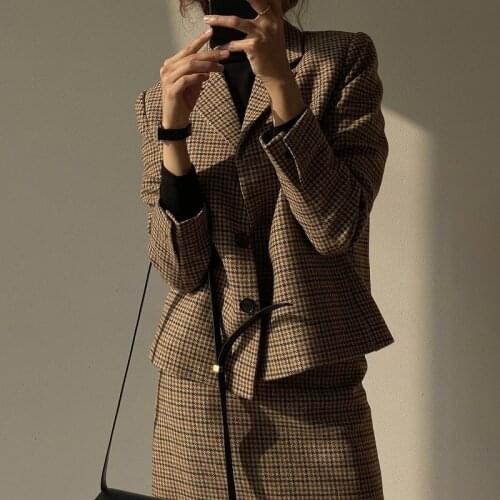Korean Chic Vintage Lapel Houndstooth Loose Suit Wool Coats Women Elegant Casual Office Ladies Plaid Trench Windbreaker Women