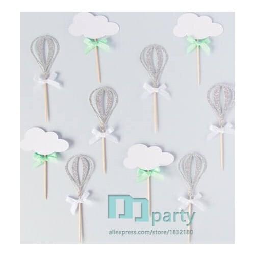 12pcs Clouds and Balloons Cupcake Toppers. Silver, Green and White.First Birthday party decorations 12 Party Cupcake toppers