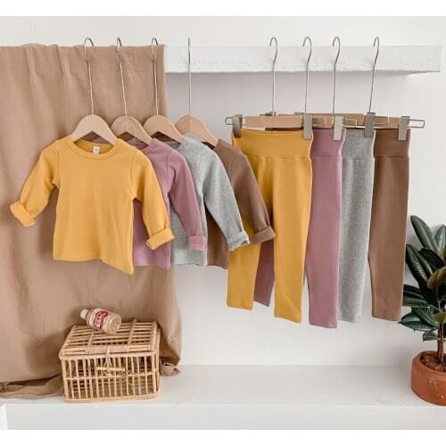 2-7year Kids Pajamas Sets spring Autumn Girls Boys Sleepwear Nightwear Baby Infant Clothes Solid color Cotton Childrens Pyjamas