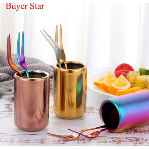 2PCS Colorful Stainless Steel Mini Fruit Forks Tube Cake Dessert Fork Holder Storage Cup For Party Tableware Kitchen Utensil