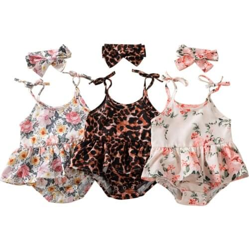 2021 Little Baby Girl’s Lace-Up Suspender Romper Fresh Leopard/Flower U-neck Jumpsuits and Headband