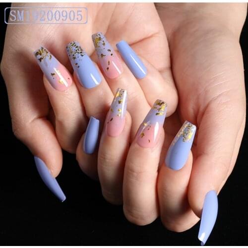 24pcs Coffin Ballerina Fake Nail Bule Gitter Power Nail Tips Full Cover French Long Stiletto Press on Nail Acrylic Manicure Tool