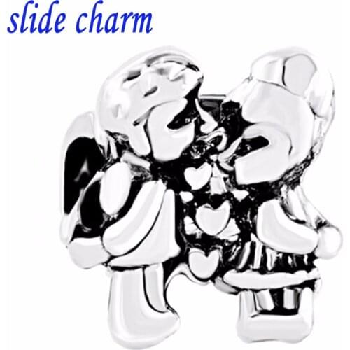 Slide charm Free shipping Valentines Day gift couple kissing black and white charm beads fit Pandora bracelet