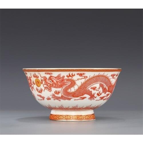 Qing Dynasty Qianlong Year Mark Bowl Alum Red Dragon Painting Gold Double Dragon Pattern Bowl Antique Porcelain Collection