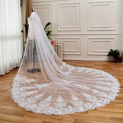Long Bridal Veils with Comb One Layer Wedding White Ivory Cathedral Length Full Lace Edge Applique Veil With Comb Voile 3Meters