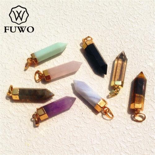 FUWO Natural Semi-precious Stones Long Point Pendant 24K Gold Electroplated High Quality Bullet Shape Jewelry Wholesale PD126