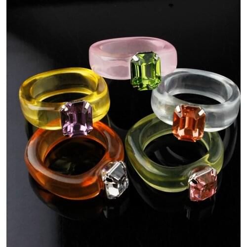New Korean Trendy Transparent Acrylic Resin Colorful Rectangle Rhinestone Simple Ring For Women Vintage Female Beautiful Jewelry