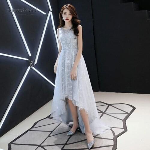 Silver A Line Short Front Long Back Prom Dresses Lace Stars Elegant Sleeveless Formal Event Evening Dress Graduation Party Gown