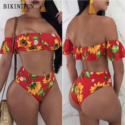 2020 New Sexy Sun Flower Print Swimsuit Women Off Shoulder Swimwear Strapless Beachwear S-XL Girl High Waist Ribbed Bikini Set