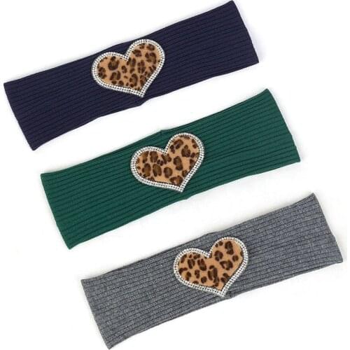 Childrens Fashion Cotton Headband Cute Leopard Heart Rhinestones Ribbed Headbands for Girls Flat Stretch Head Band for Babies