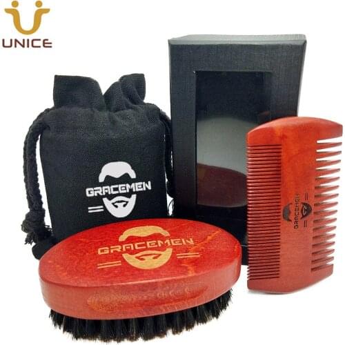 MOQ 100 Sets OEM Custom LOGO Red Wood Beard Care Tools with Bag & Box Mustache Beard Hair Brush and Fine & Wide Dual Sided Comb