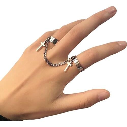 Double Finger Chain Rings for Women Ring Set Tassel Cross Punk Rings Jewelry Ladies Fashion HipHop Jewelry