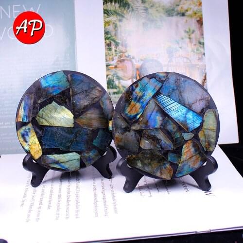 11-12cm Natural Crystal labradoriteround Slab Stone Shining Labrador Feldspar Stand Stone Healing For Home Decoration