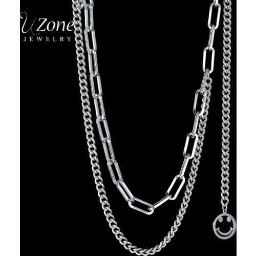 UZone New Design Smiley Face Pendant Necklace Stainless Steel Double-layer Chain Necklaces For Women Girls Party Accessories