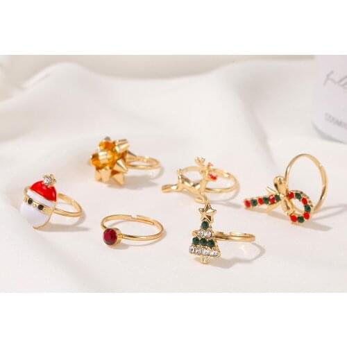 6PCS Christmas Rhinestone Ring for Women Cute Cartoon Elk Tree Zircon Ring Set Opening Adjustable Party Fashion Trend Girl Gift