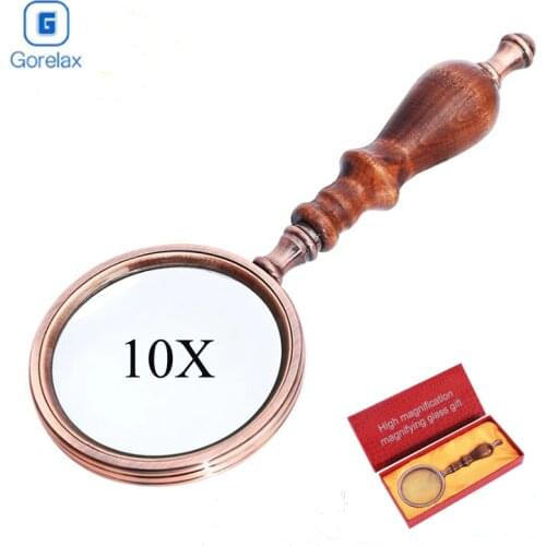 Handheld Magnifying Glass 10X Magnification, Glass Magnifier with Optical Lens and Wooden Handle for Reading Repair Collection