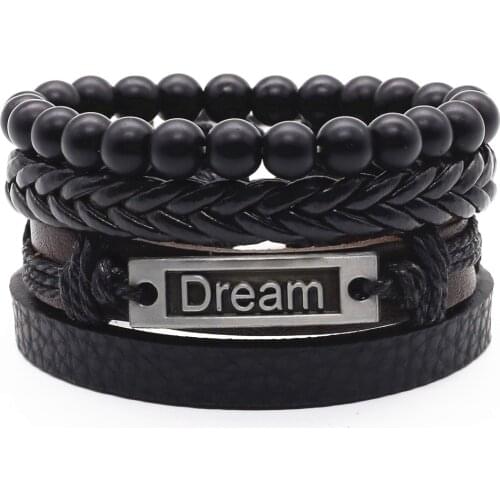 Trendy 4 PCS/Set Black Leather Weave Beads Cute bear Big Round Leaf Dream Charm Bracelets For Women Men Femme Homme Male Jewelry